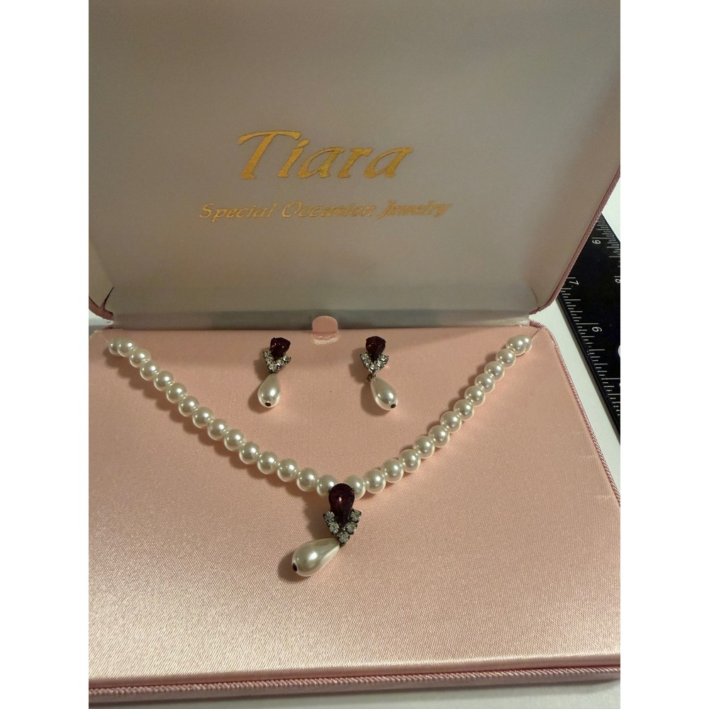 Tiara Special Occasion Jewelry Pearl Amethyst Rhinestone Necklace Earring Set